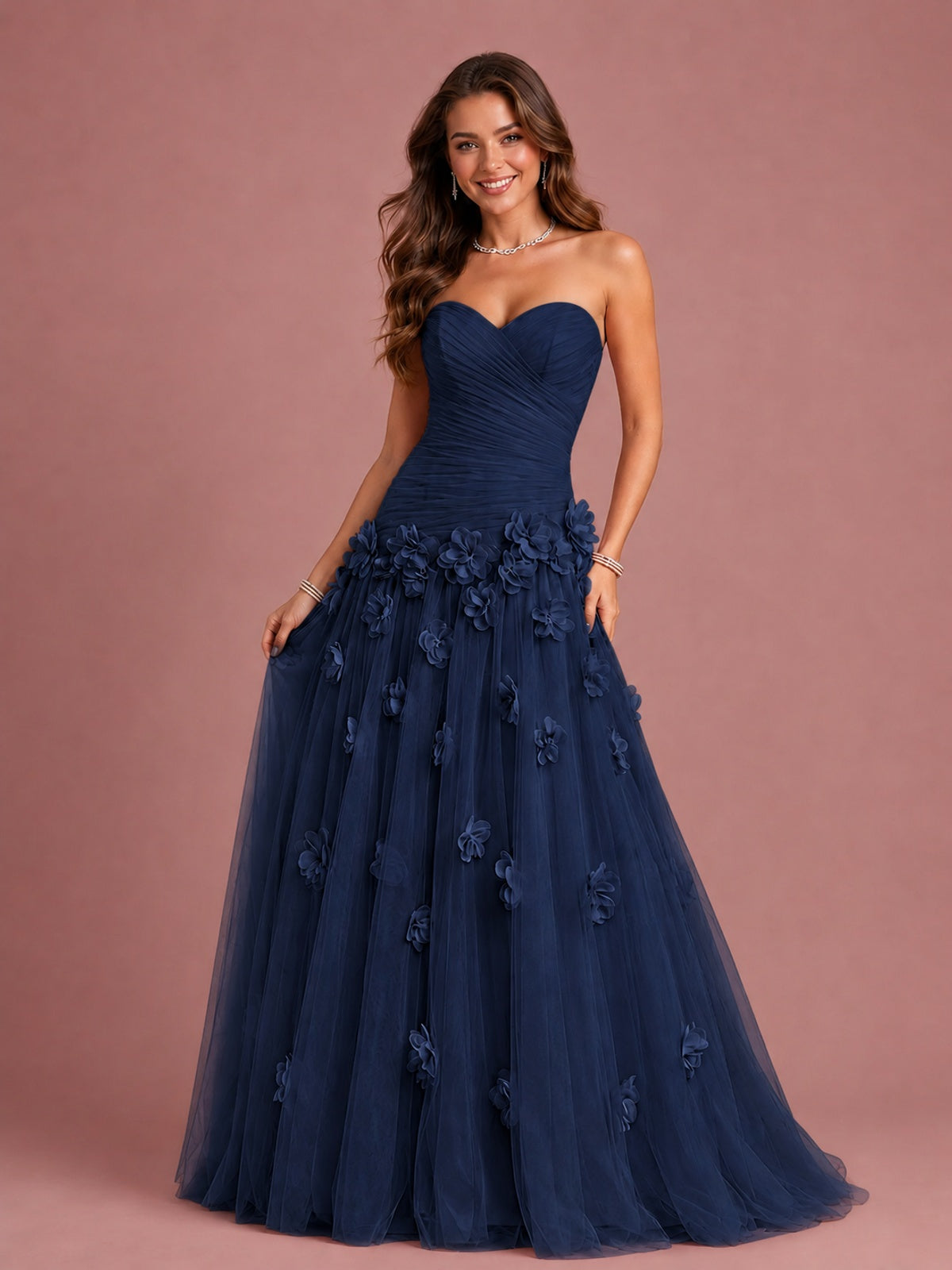 Blush Pink Strapless Sweetheart 3D Floral Tulle Ball Gown Prom Dres