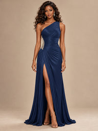 Burgundy One Shoulder Ruched Prom Dress with High Slit & Beaded Waist