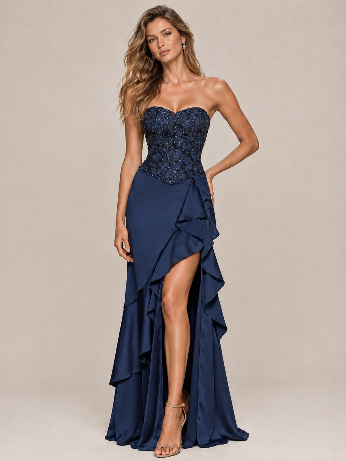 Strapless Lace Appliques Corset Satin Prom Dress Ruffle Slit Evening Gown