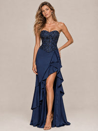 Strapless Lace Appliques Corset Satin Prom Dress Ruffle Slit Evening Gown