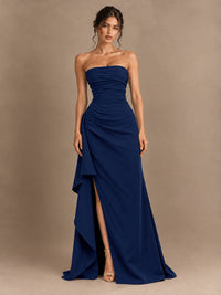 Black and White Strapless Ruched Prom Dress with High Slit & Side Drape