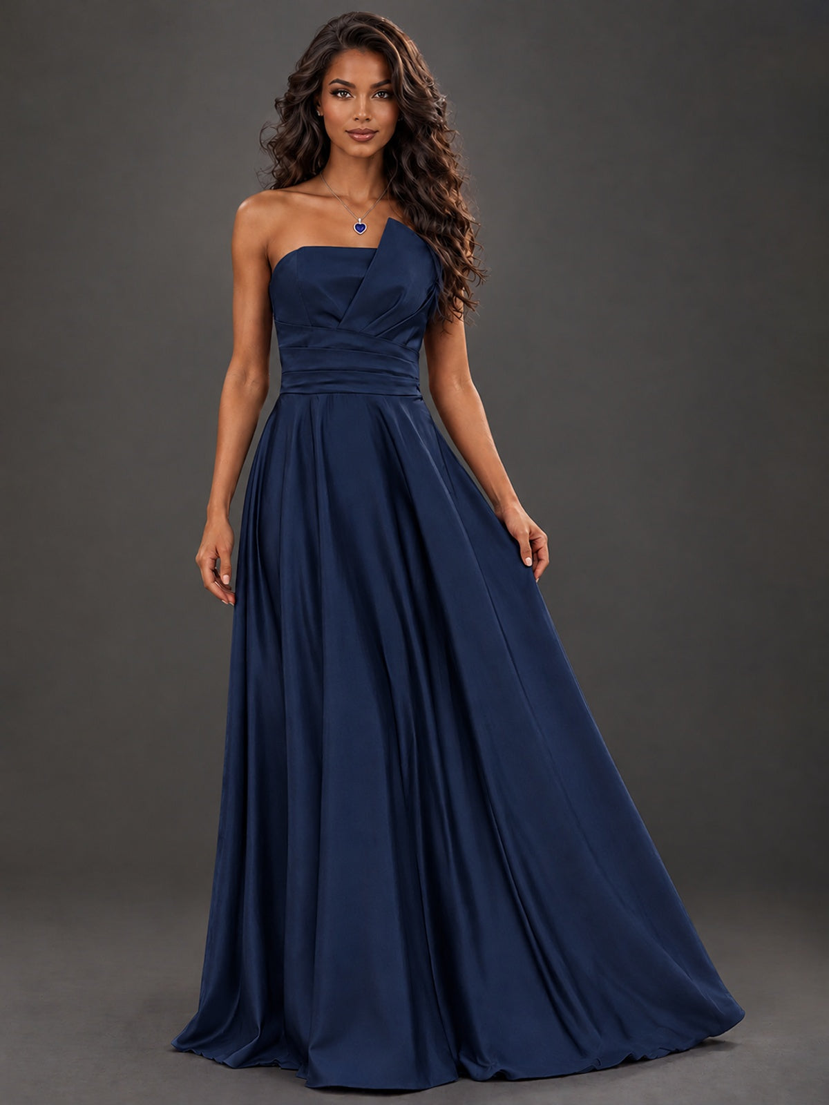 Draped Satin Prom Dress Strapless A-line Formal Dress Floor Length