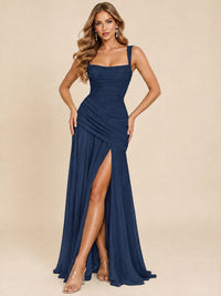 Wrap Pleated Prom Dress Scoop Neck with Slit Women Wedding Formal Dress