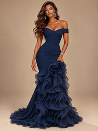 Dusty Blue Off-the-Shoulder Mermaid Prom Dress with 3D Rose & Ruffles