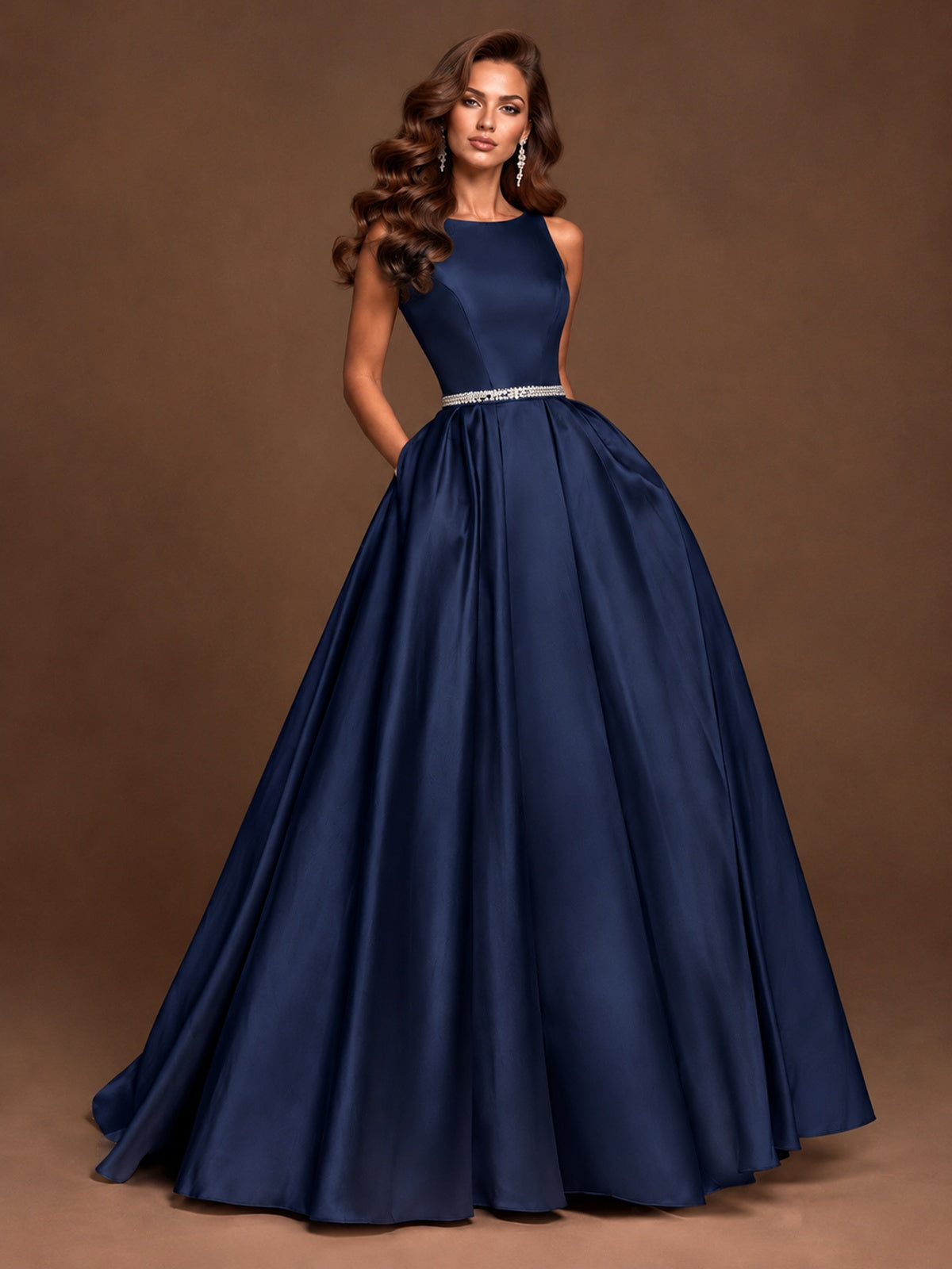 Satin A-Line Prom Dress Sleeveless Beaded Waist Formal Gown with Pockets