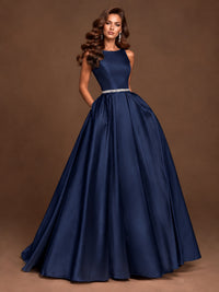 Satin A-Line Prom Dress Sleeveless Beaded Waist Formal Gown with Pockets