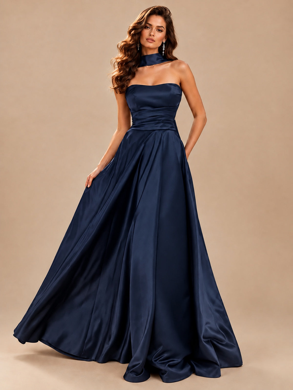 Strapless Prom Dress Side High Slit A-line Formal Dress with Scarf