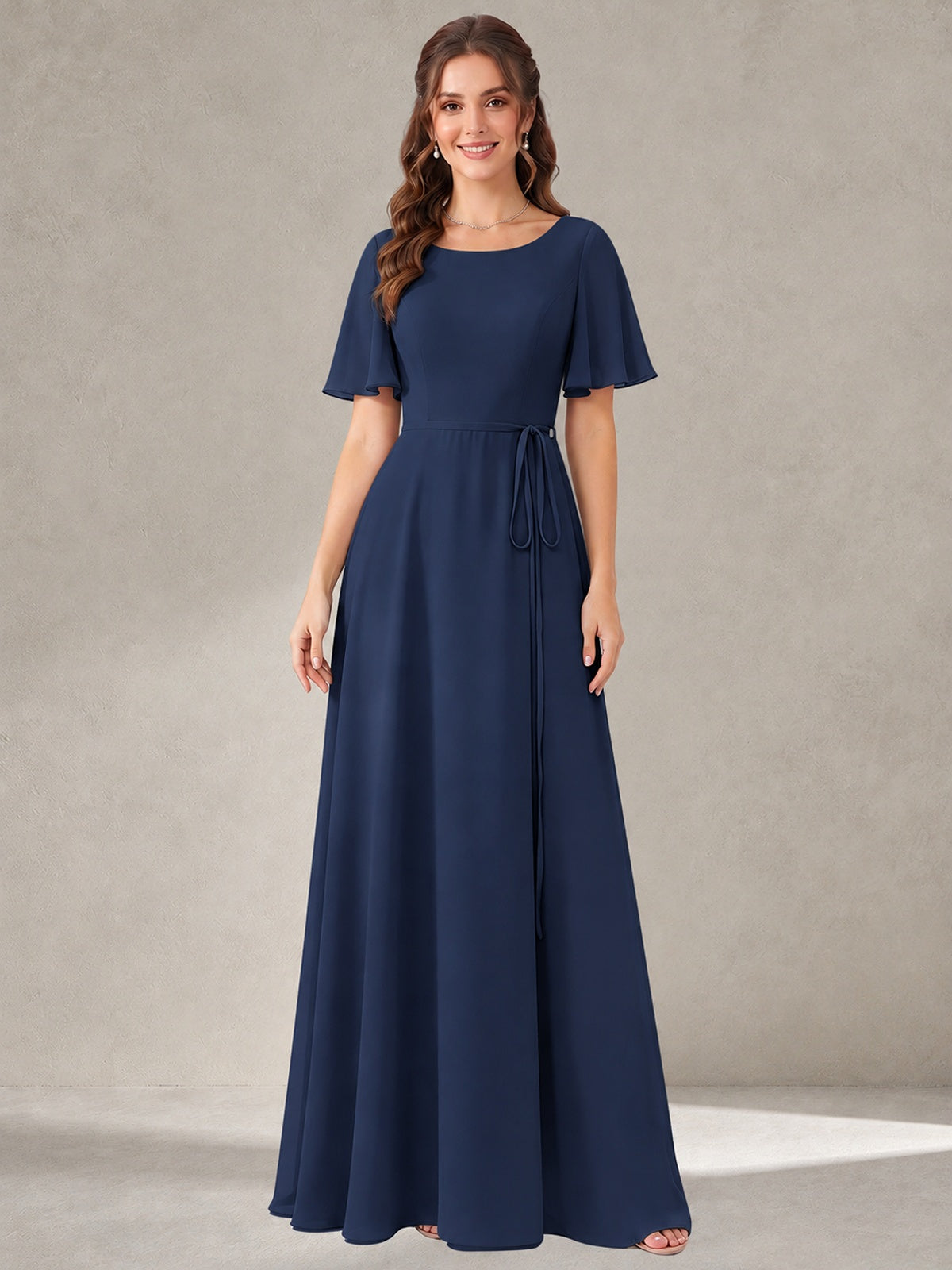 Navy Blue Scoop Neck A-line Chiffon Bridesmaid Dress with Belt Flutter Sleeve Formal Wedding Guest Dress Evening Gown
