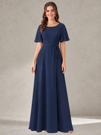Navy Blue Scoop Neck A-line Chiffon Bridesmaid Dress with Belt Flutter Sleeve Formal Wedding Guest Dress Evening Gown