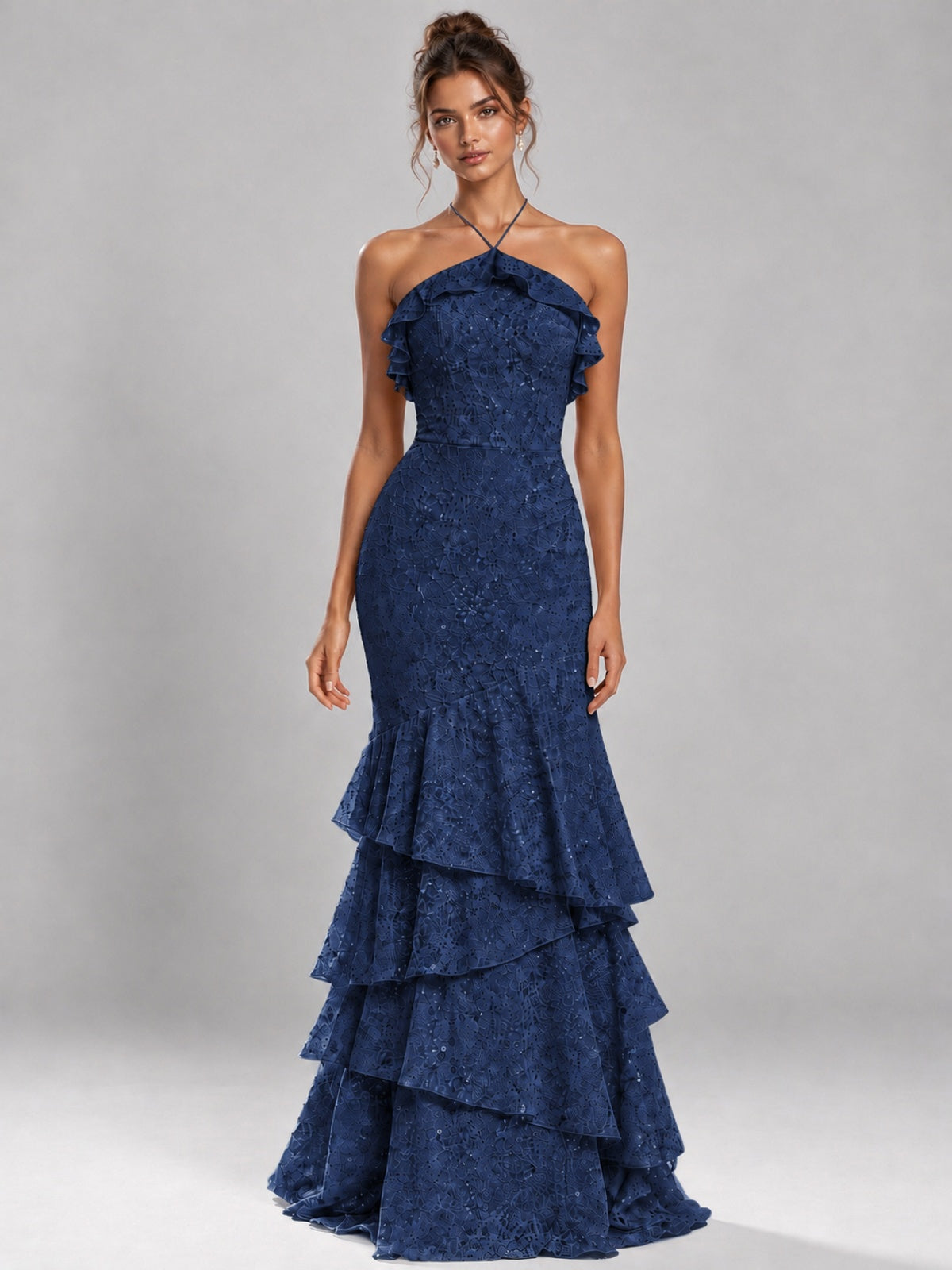 Halter Tiered Mermaid Prom Dress with Sparkly Lace
