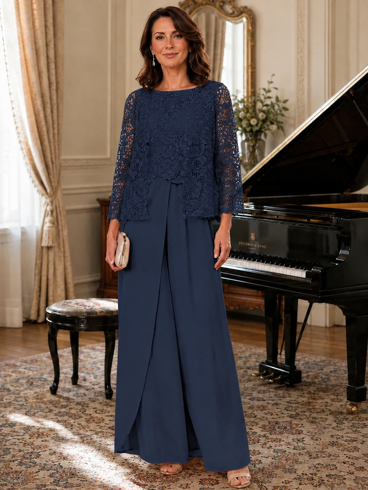 Elegant 3-Piece Chiffon Mother of the Bride Pantsuit with Floral Applique Jacket