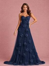 3D Floral Applique Strapless Tulle Prom Dress with High Slit