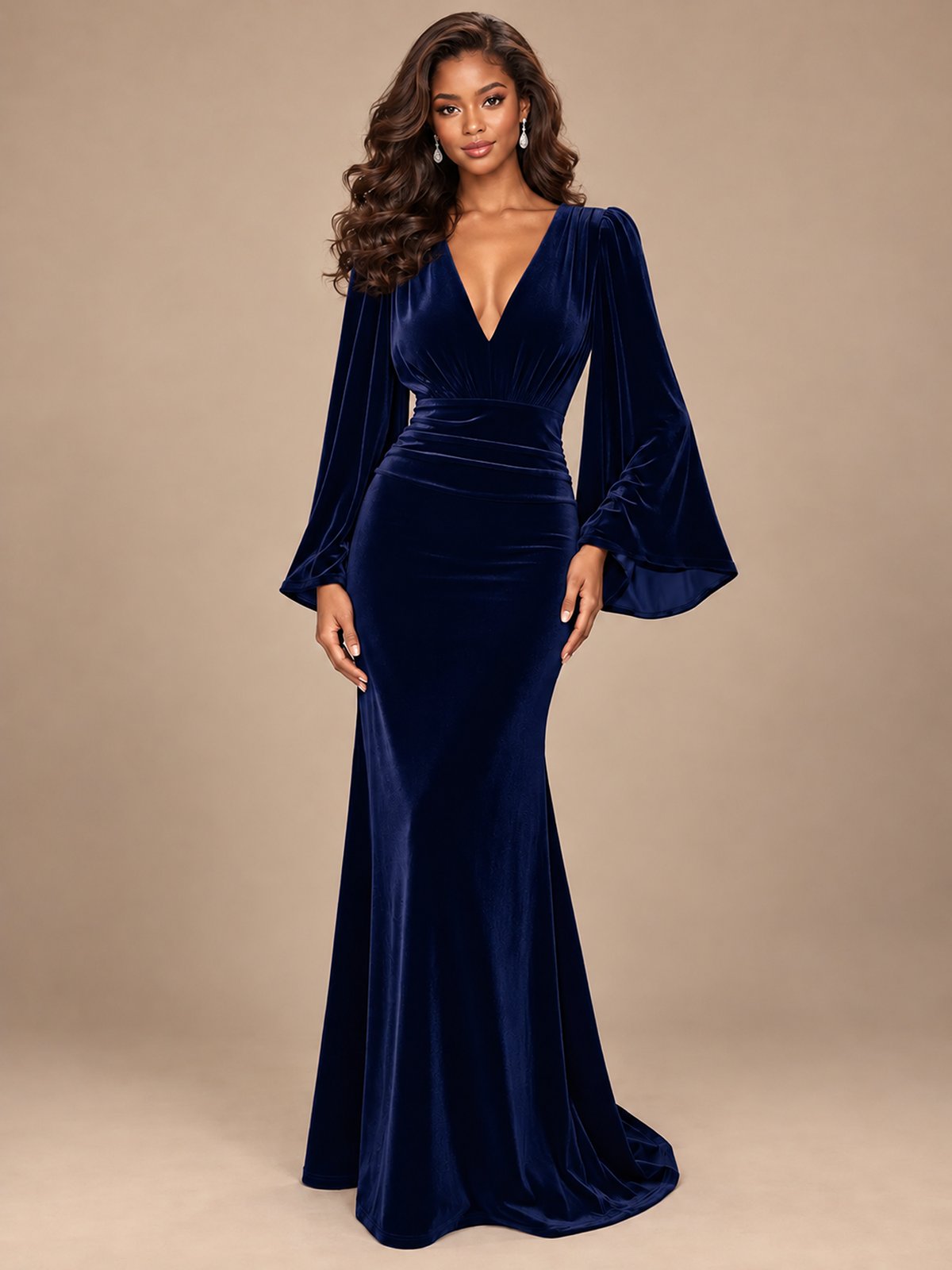 Burgundy Velvet Deep V-Neck Ruched Long Sleeve Maxi Dress