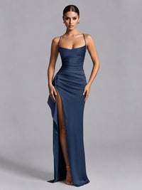 Navy Blue Squre Neck Pleated Satin Prom Dresses for Teens Women Long Evening Formal Gown with Slit Ruffles