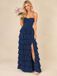 Ruffled Tiered Chiffon Prom Dress Spaghetti Straps Formal Maxi Dress with Slit