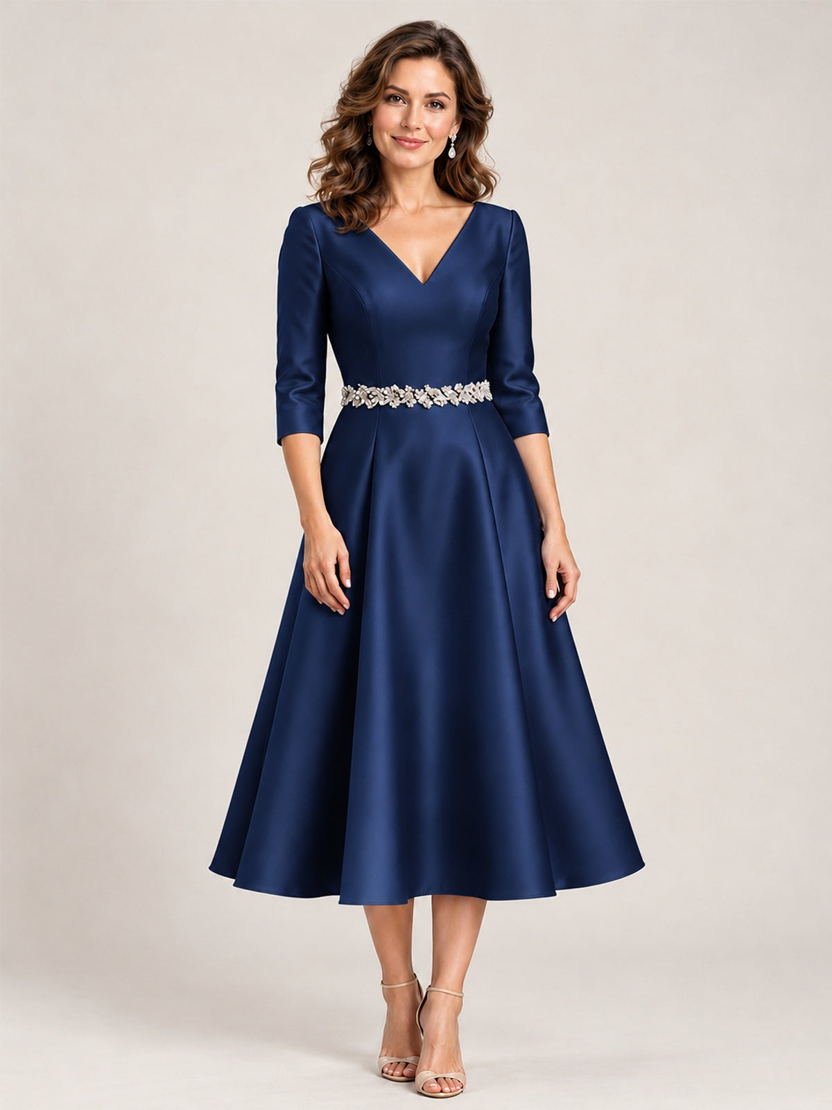 Navy Blue V-Neck Tea-Length Mother of the Bride Dress with Embellished Waist