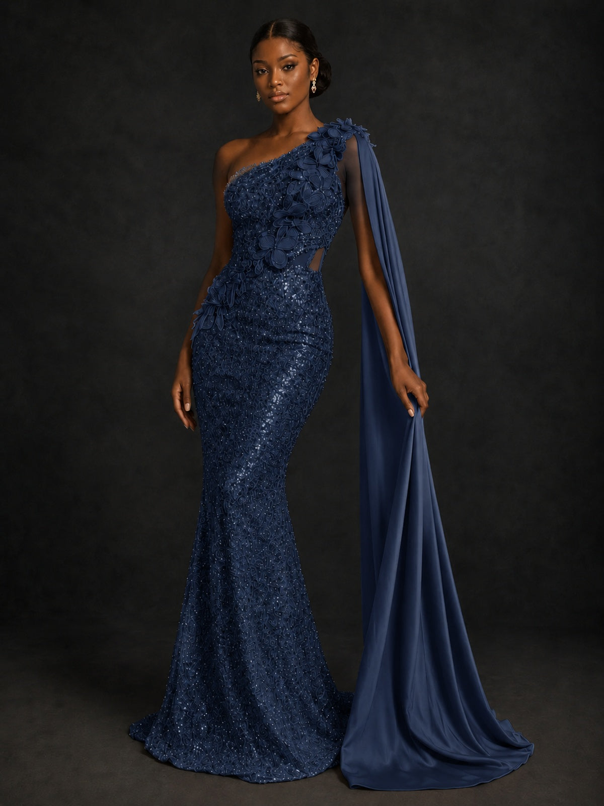 Gold Sequin One Shoulder Mermaid Prom Dress with Cape