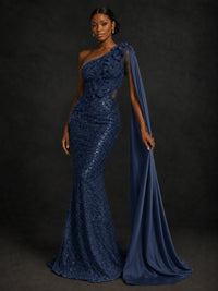 Gold Sequin One Shoulder Mermaid Prom Dress with Cape