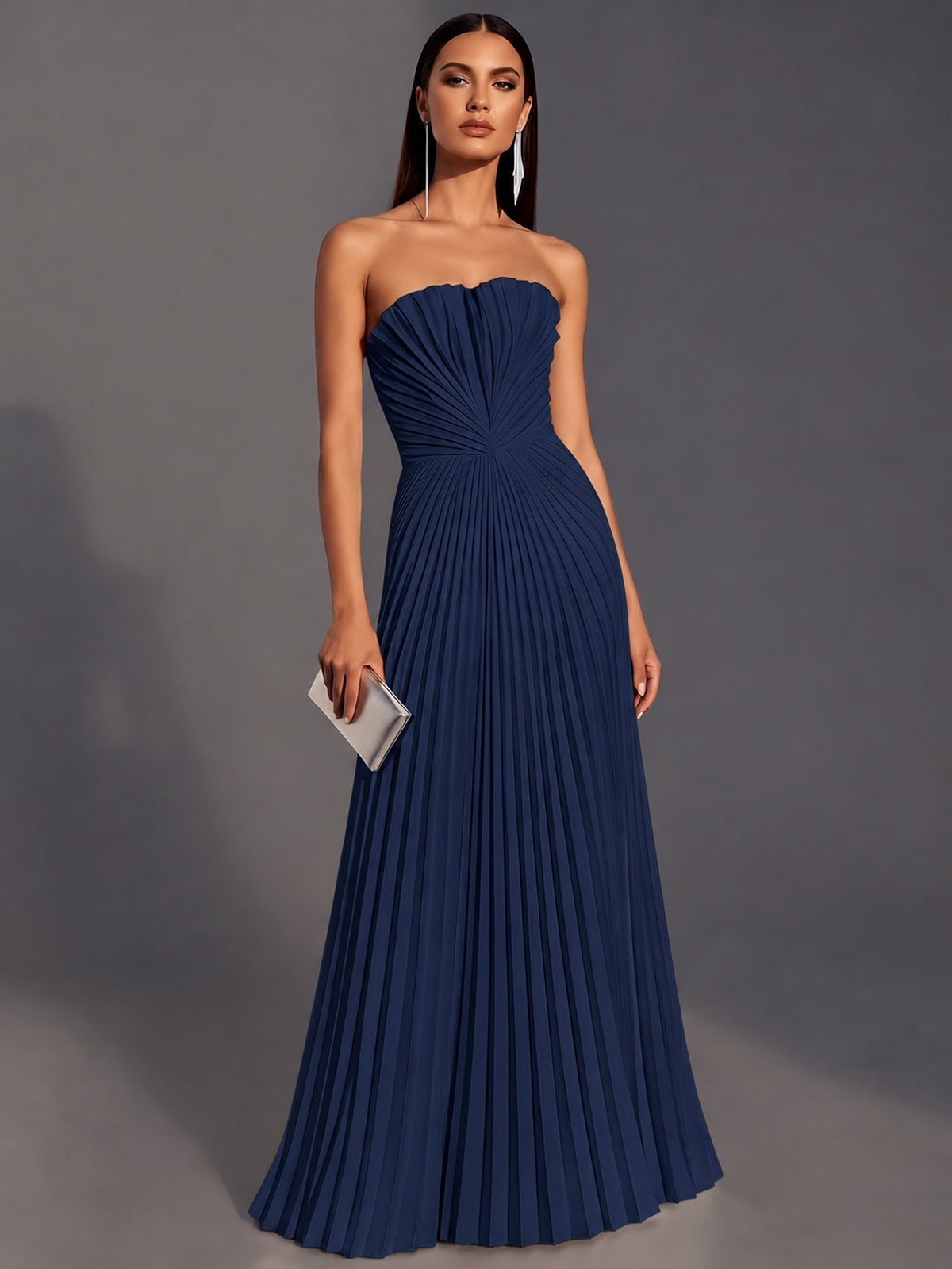 Navy Blue Strapless Pleated Satin Prom Dress Long Formal Gown Evening Dress
