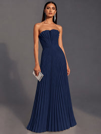 Navy Blue Strapless Pleated Satin Prom Dress Long Formal Gown Evening Dress