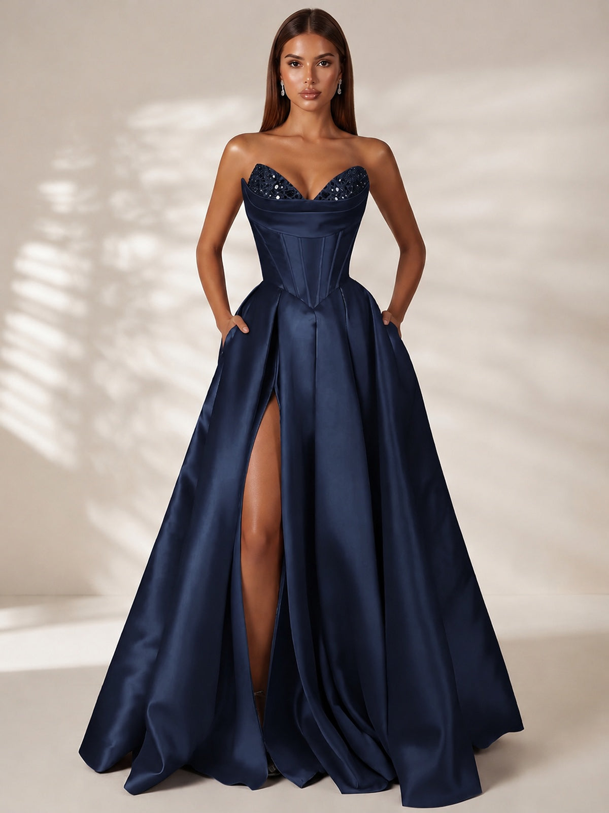 Navy Blue Strapless Corset Satin Prom Dress Long Evening Gown with High Slit