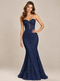 Strapless Corset Mermaid Prom Dress with Floral Lace Appliqué