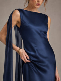 Burgundy Satin Mermaid Cape Maxi Dress