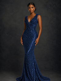 Gold Sequin Floral Applique Mermaid Prom Dress
