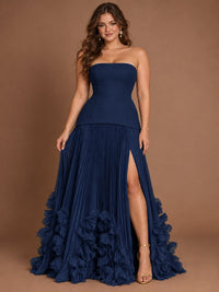 Strapless Pleated Floral Satin Formal Dress with Side Slit