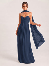 Navy Blue Strapless Ruched Chiffon Long Prom Dress with Scarf A-line Sweetheart Ruffled Formal Wedding Guest Dress Evening Gown