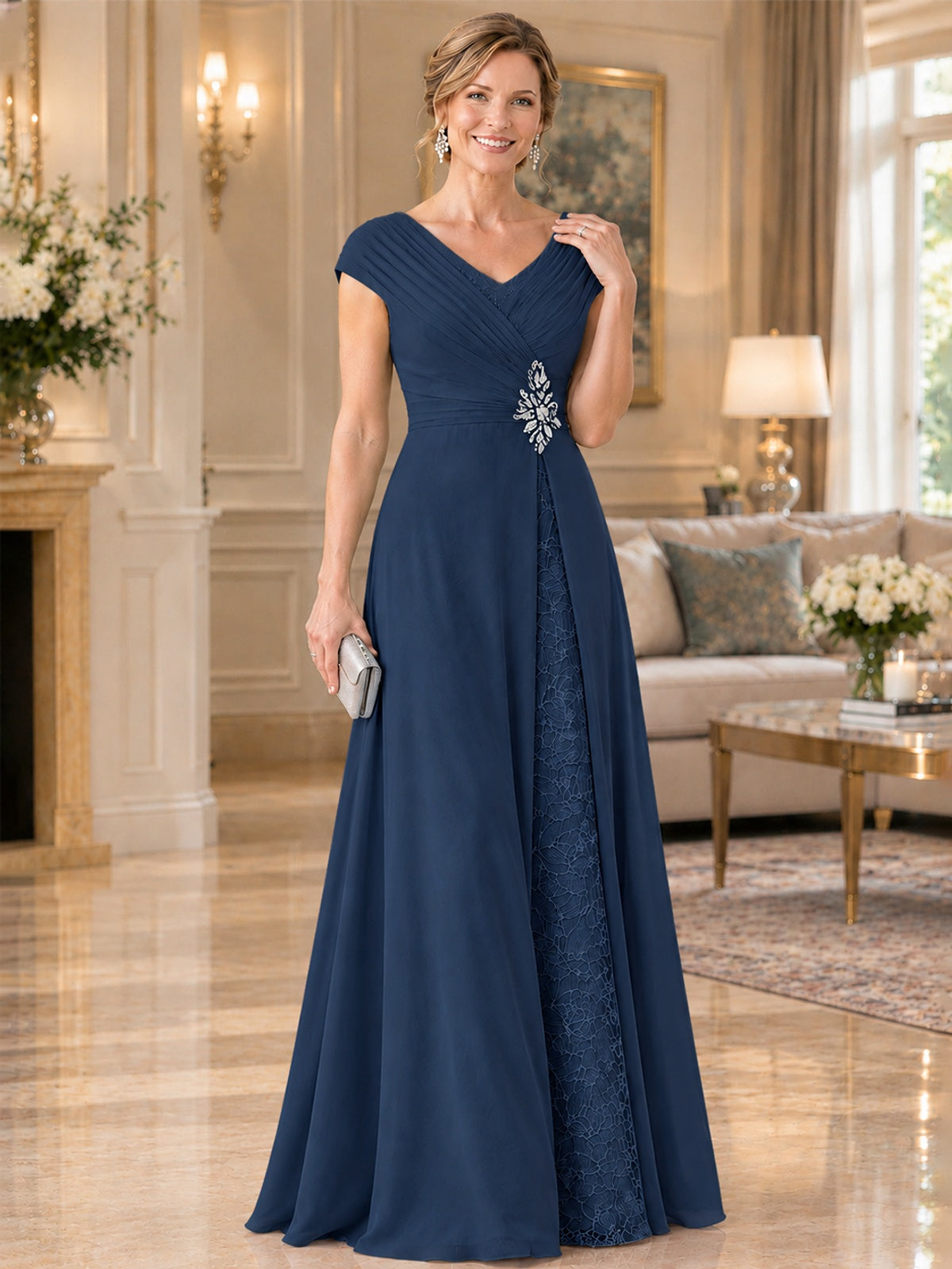 Pleated Chiffon Lace Mother of The Bride Dresses with Beading Cap Sleeves