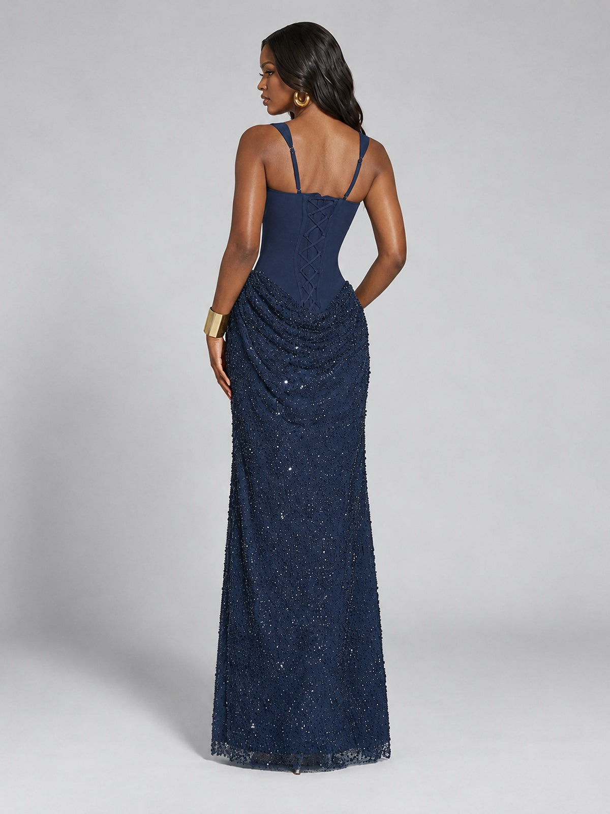 Sequin Corset Mermaid Prom Dress with Square Neck Wide Strap High Slit
