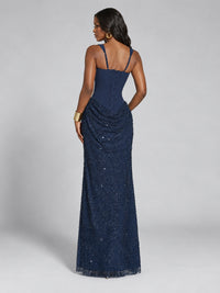 Sequin Corset Mermaid Prom Dress with Square Neck Wide Strap High Slit