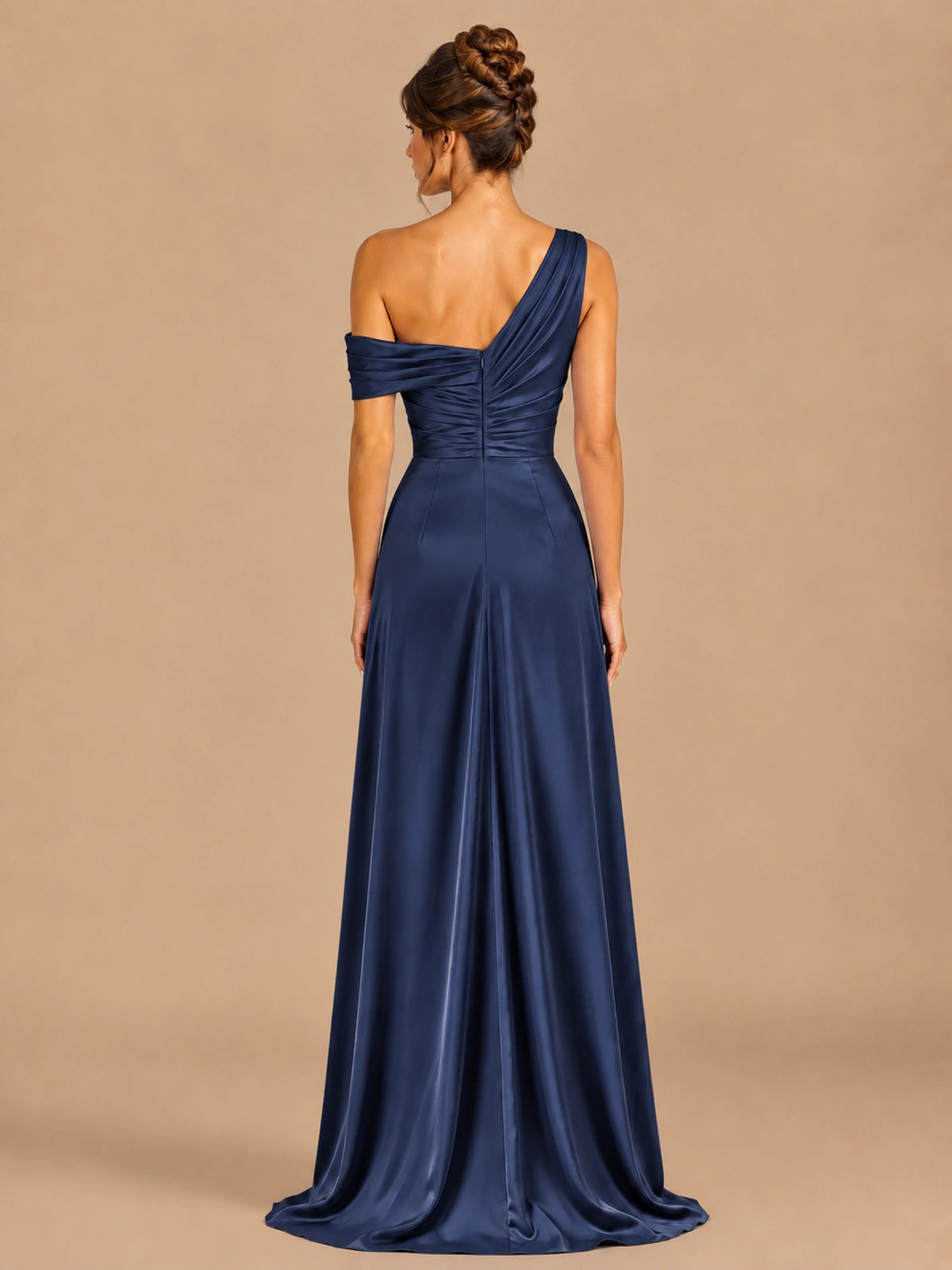 Satin One Shoulder Prom Dress Ruched Long Formal Evening Gown