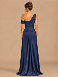 Satin One Shoulder Prom Dress Ruched Long Formal Evening Gown