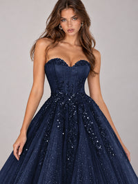Strapless Sweetheart Beaded Corset Glitter Tulle Ball Gown Prom Dress