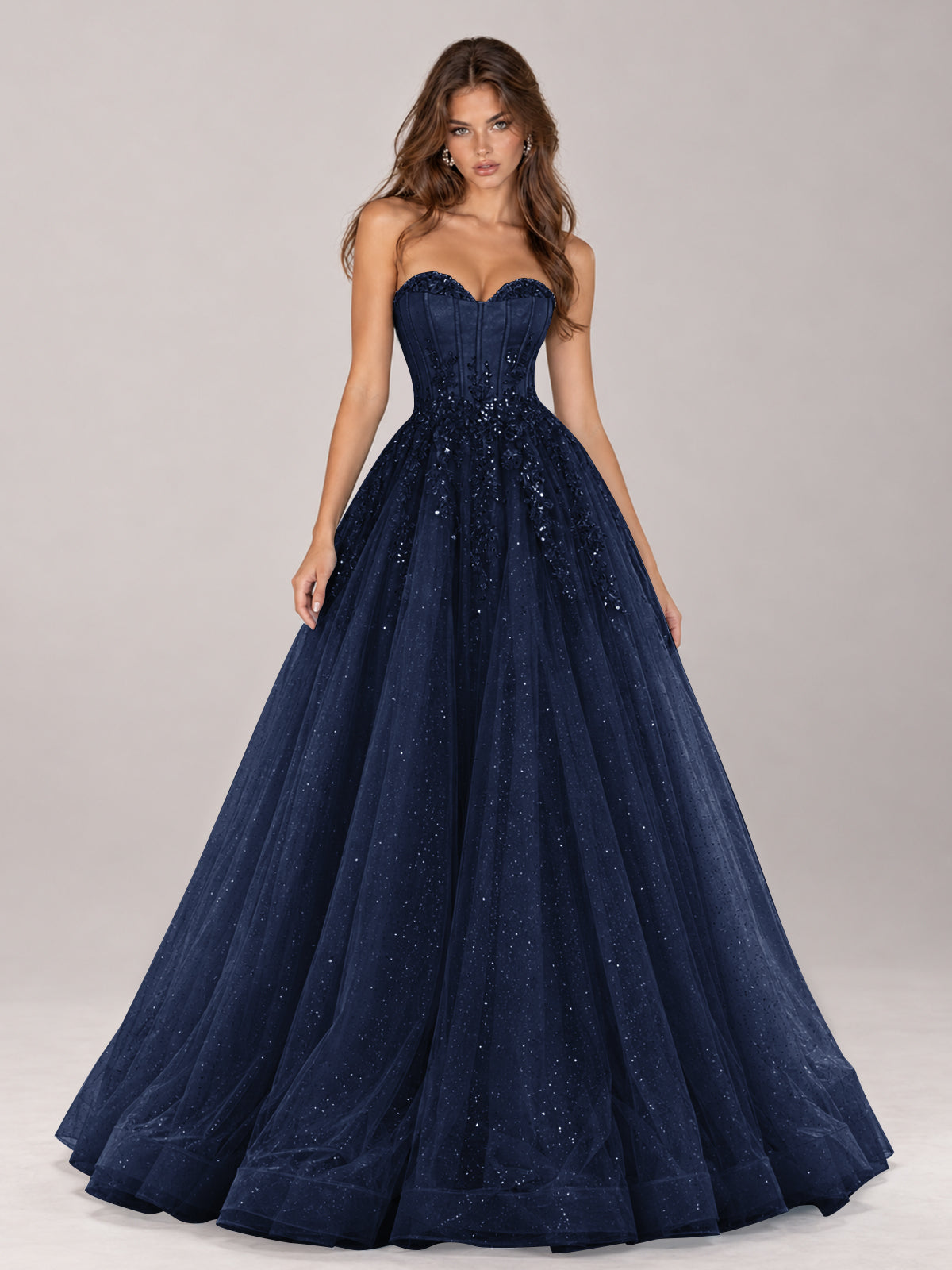 Strapless Sweetheart Beaded Corset Glitter Tulle Ball Gown Prom Dress