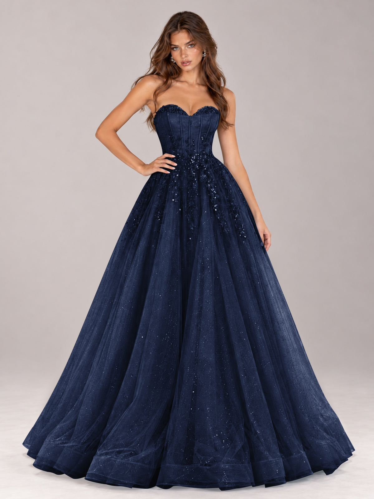 Strapless Sweetheart Beaded Corset Glitter Tulle Ball Gown Prom Dress