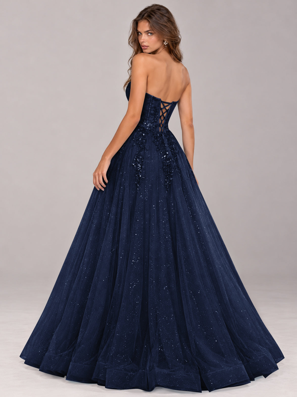 Strapless Sweetheart Beaded Corset Glitter Tulle Ball Gown Prom Dress