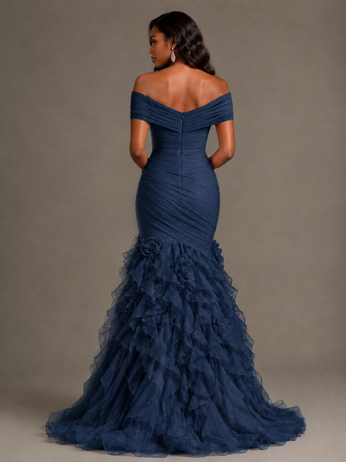 Pink Off-the-Shoulder Mermaid Prom Dress with Ruffles 3D Flowers