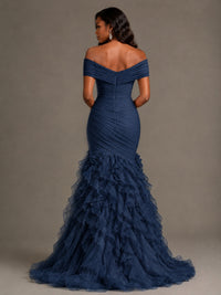 Pink Off-the-Shoulder Mermaid Prom Dress with Ruffles 3D Flowers