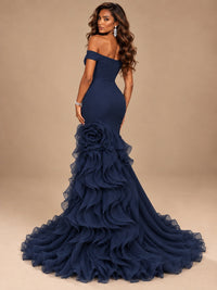 Dusty Blue Off-the-Shoulder Mermaid Prom Dress with 3D Rose & Ruffles