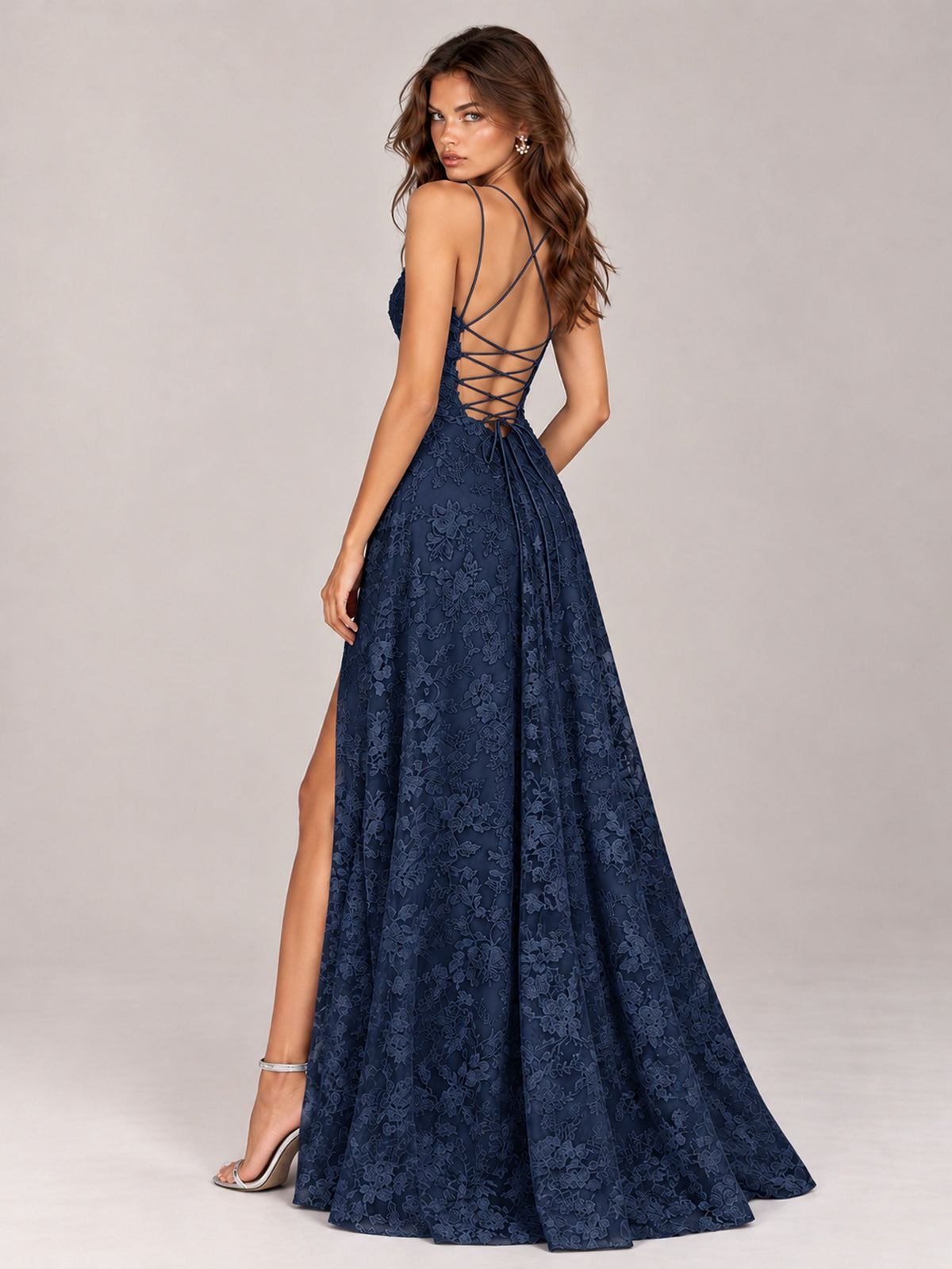 Floral Lace A-Line Prom Dress with Spaghetti Straps & High Slit