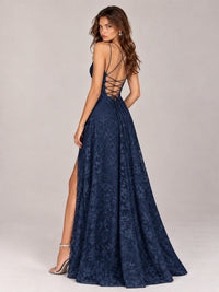 Floral Lace A-Line Prom Dress with Spaghetti Straps & High Slit