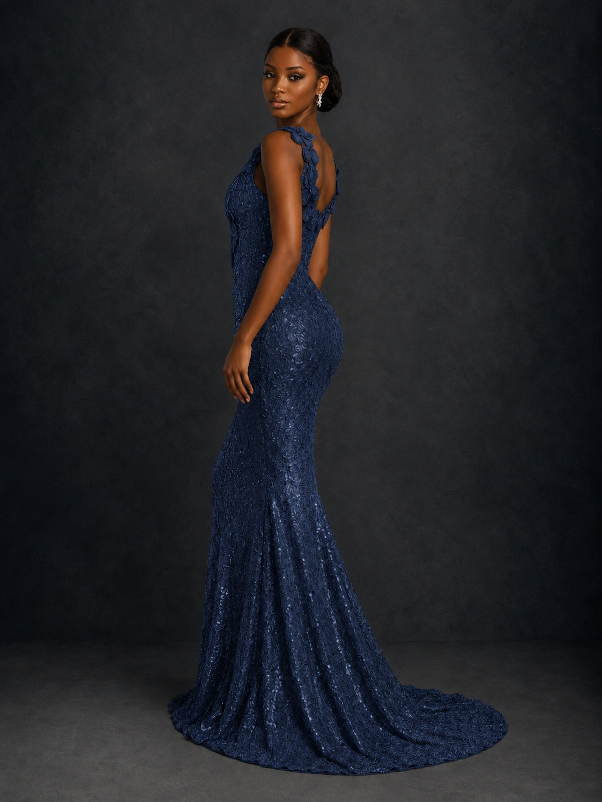 Gold Sequin Floral Applique Mermaid Prom Dress