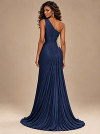 Burgundy One Shoulder Ruched Prom Dress with High Slit & Beaded Waist