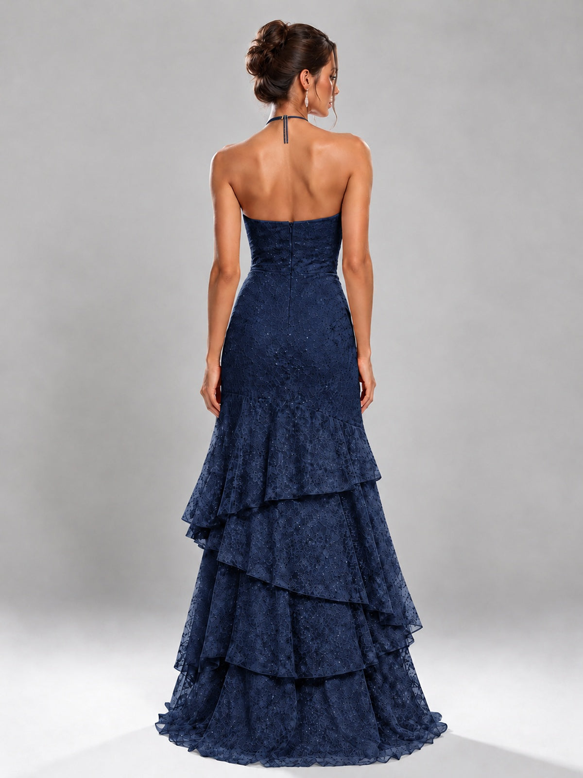 Halter Tiered Mermaid Prom Dress with Sparkly Lace