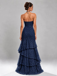 Halter Tiered Mermaid Prom Dress with Sparkly Lace