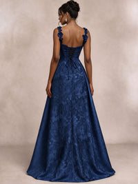 Light Blue 3D Floral Jacquard Prom Dress with Detachable Overskirt Corset Gown