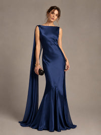 Burgundy Satin Mermaid Cape Maxi Dress